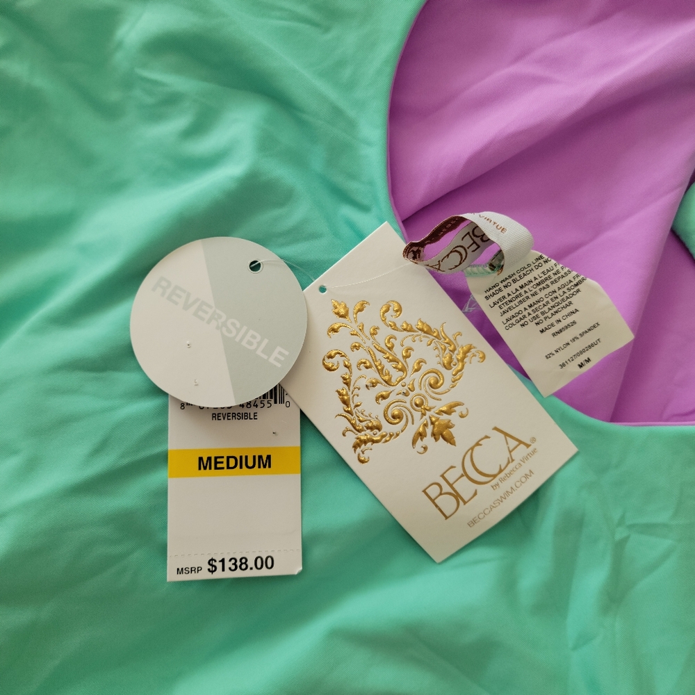 Becca Reversible Deep V Lacie Swimsuit M Aqua & Lilac NWT 🧜🏽‍♀️ Mermaid Colors - Picture 5 of 10
